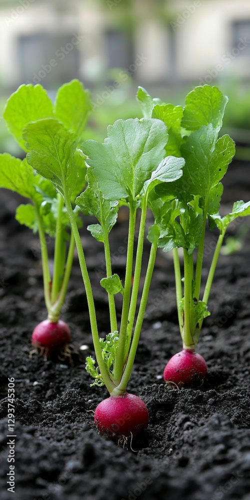 Fresh, red radishes growing in a garden bed, close-up view of vibrant vegetables in rich soil. Fresh, red radishes growing in a garden bed, close-up view of vibrant vegetables in rich soil.