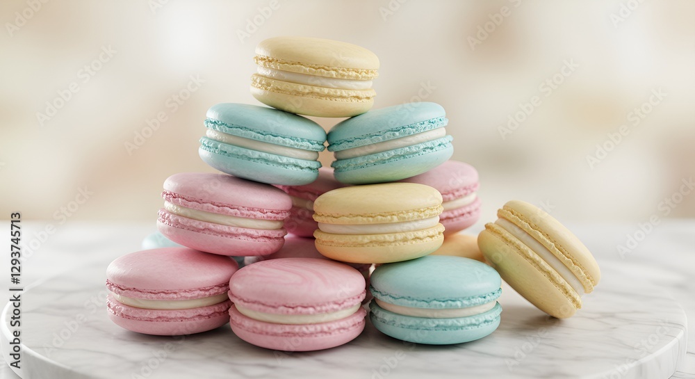 Elegant French macarons in pastel colors, stacked in a pyramid on a marble plate, with soft bokeh background, ultra-detailed, high-resolution close-up shot Elegant French macarons in pastel colors, stacked in a pyramid on a marble plate, with soft bokeh background, ultra-detailed, high-resolution close-up shot