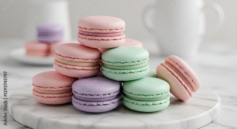 Obraz premium Elegant French macarons in pastel colors, stacked in a pyramid on a marble plate, with soft bokeh background, ultra-detailed, high-resolution close-up shot