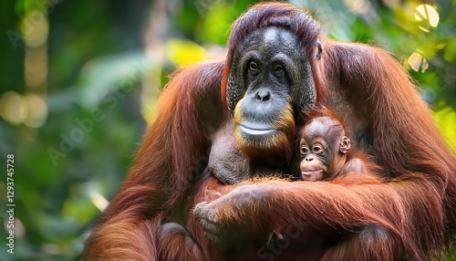 Intimate Moment Orangutans Cradling in the Emerald Canopy of Borneos Enchanted Rainforest, Capturing the Heartwarming Bond of Mother and Offspring amidst Lush Flora and Vibrant Fauna.