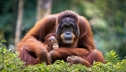 Mother and Baby Orangutan in Borneos Lush Rainforest Warmth and Love Amidst the Vibrant Wilderness at Dusk