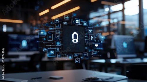 Wallpaper Mural A digital lock symbol surrounded by various icons, representing cybersecurity and data protection in a modern office environment. Torontodigital.ca