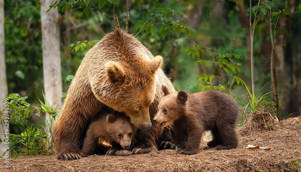 Majestic Moment Mother Bear and Cubs Bond in a Forest Haven at Dusk, Capturing Serene Tranquility and Warmth Majestic Moment Mother Bear and Cubs Bond in a Forest Haven at Dusk, Capturing Serene Tranquility and Warmth