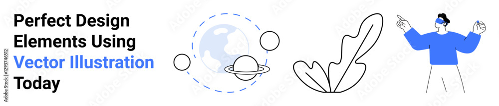 Abstract graphic with Earth, Saturn, feather, and animated figure pointing. Ideal for technology, creativity, environment, communication, education innovation flat landing page banner Abstract graphic with Earth, Saturn, feather, and animated figure pointing. Ideal for technology, creativity, environment, communication, education innovation flat landing page banner