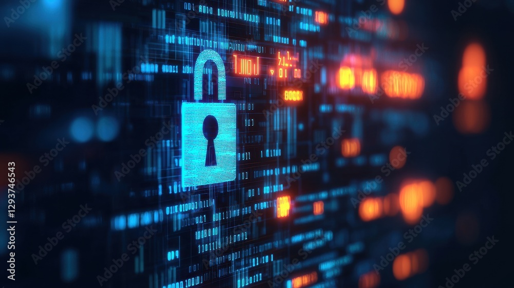 A digital representation of cybersecurity, featuring a padlock symbol among glowing data streams, emphasizing data protection and encryption. A digital representation of cybersecurity, featuring a padlock symbol among glowing data streams, emphasizing data protection and encryption.