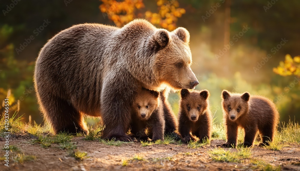 Serene Forest Scene Majestic Mother Bear Cradling Three Playful Cubs in a Sunlit Woodland Glade, Wilderness Beauty Captured in a Moment of Joy and Tranquility. Serene Forest Scene Majestic Mother Bear Cradling Three Playful Cubs in a Sunlit Woodland Glade, Wilderness Beauty Captured in a Moment of Joy and Tranquility.