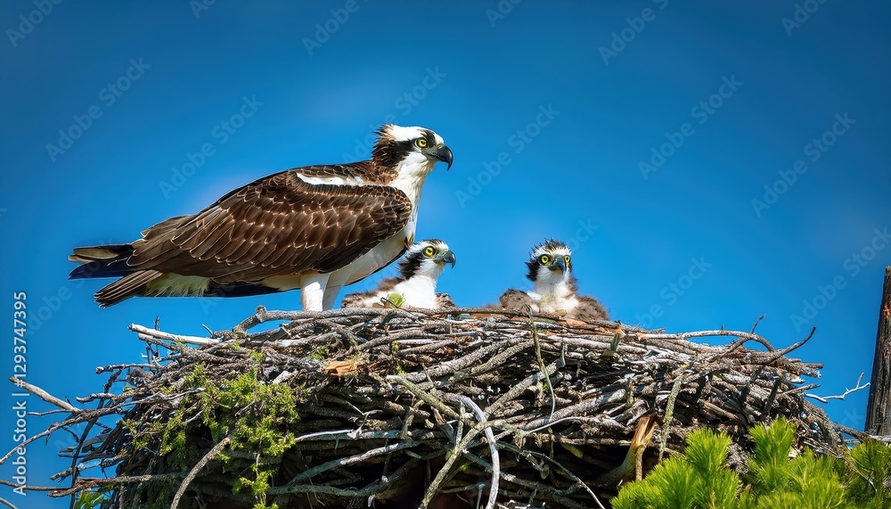 Majestic Osprey Family in Nest Amidst Green Forest Canopy at Sunset, Serene and Peaceful Moment Captured in Majestic Osprey Family in Nest Amidst Green Forest Canopy at Sunset, Serene and Peaceful Moment Captured in