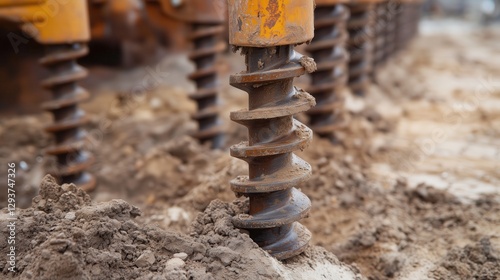 The sturdy steel helical piles twist deep into the soil, their sharp edges cutting through the earth, showcasing precision in ground screw installation.
