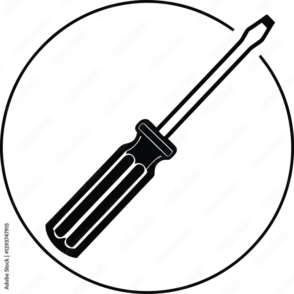Fototapeta premium A clean, minimalist black and white icon of a screwdriver positioned diagonally within a circle.