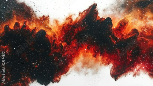 Cosmic clouds of red, orange, and black in a starry galaxy, isolated on a white background