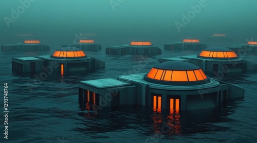 Futuristic underwater city with glowing domes an imaginative adaptation to the rising seas and climate change  The submerged urban landscape showcases innovative architectural design