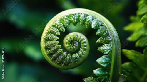 A delicate fern frond unfurls in a perfect spiral, its vibrant green surface glistening with morning dew amidst the dense forest foliage.
