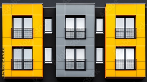 Modern apartment building facade  yellow and grey panels