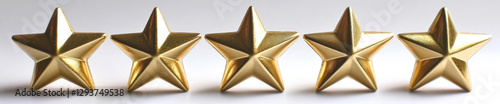 Five golden stars for product rating reviews for websites and mobile applications, isolated on a white background