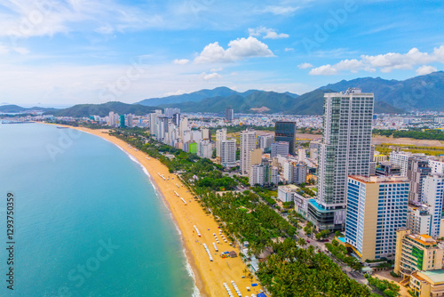 Konstfotografi Overlooking panorama aerial view city on the coast of Southeast Asia in the morn