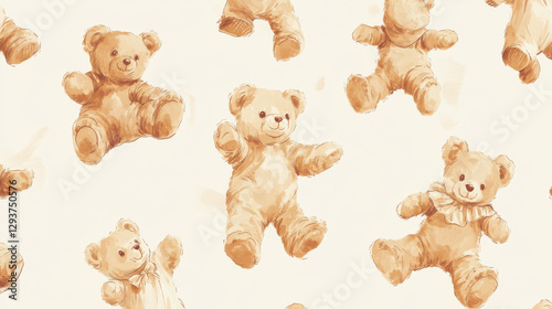 A charming collection of illustrated teddy bears, designed in a soft and sketchy hand-drawn style, each bear slightly unique with different expressions and cozy clothing