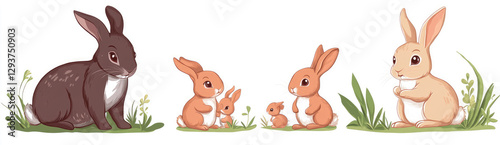 Set of rabbits with cute little bunnies, isolated on a white background
