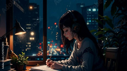 Young Woman in Sweater Writing Journal at Night Window with Rain and City Lights. Cozy Aesthetic Animation