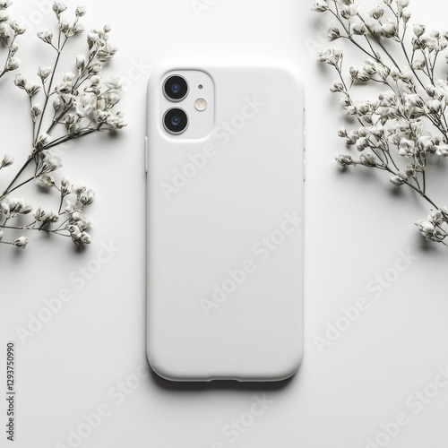 A white cell phone sits on a table next to a bunch of white flowers. Generative AI