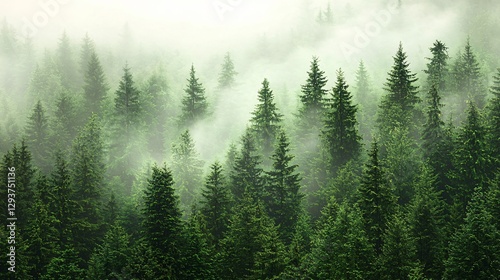 Misty mountain forest, evergreen trees, nature background, travel poster