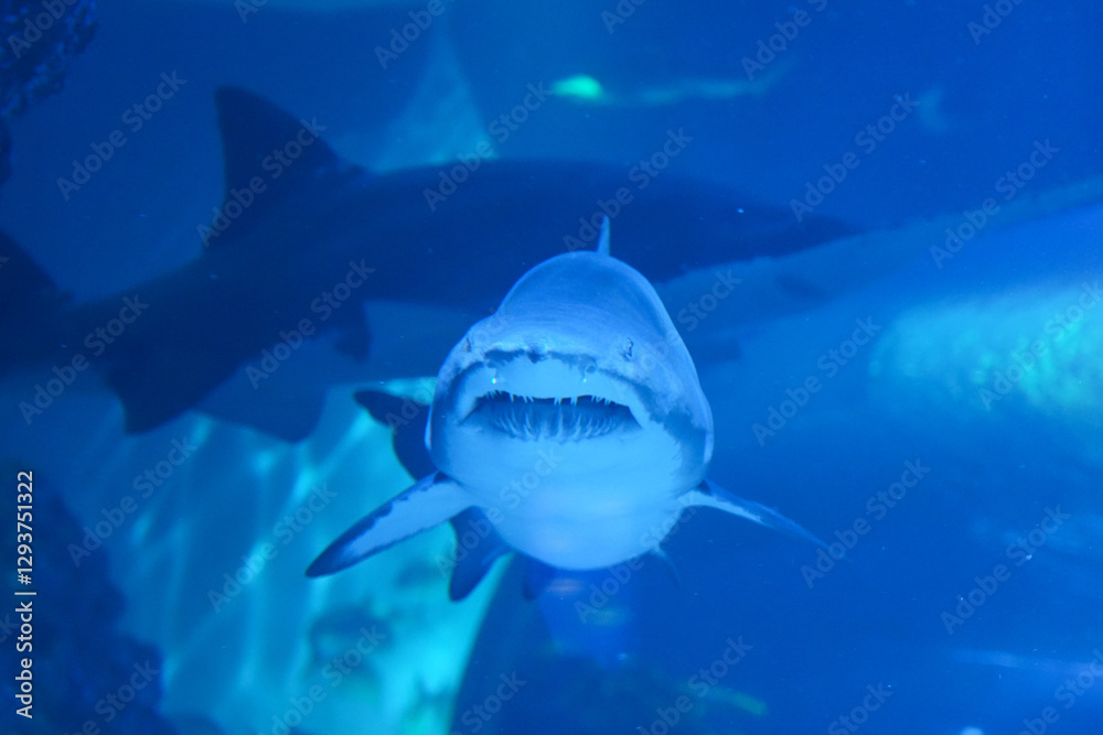 Naklejka premium Shark with sharp teeth in jaw in aquarium