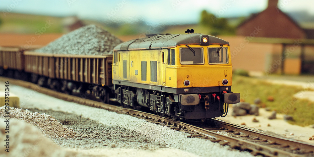 Fototapeta premium Freight train hauling materials through a model landscape. Generative AI