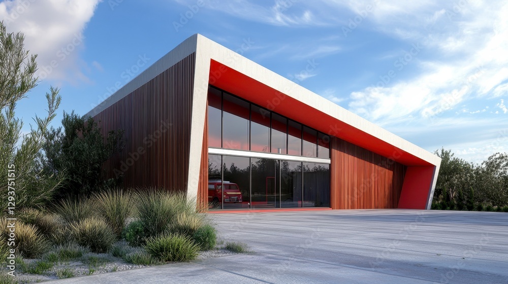 Fototapeta premium Modern Red and Brown Building with Glass Exterior and Vehicle