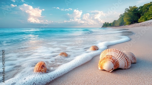 Fototapeta Naklejka Na Ścianę i Meble -  Tropical beach sunrise with seashells