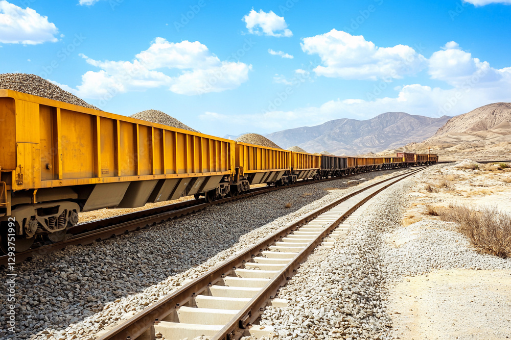 New yellow freight train transports sand across the landscape. Generative AI