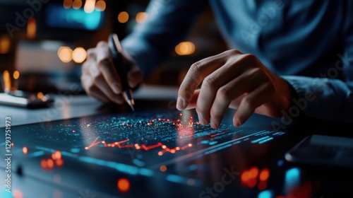 Business executive signing a digital contract on a holographic screen, high-tech futuristic deal-making