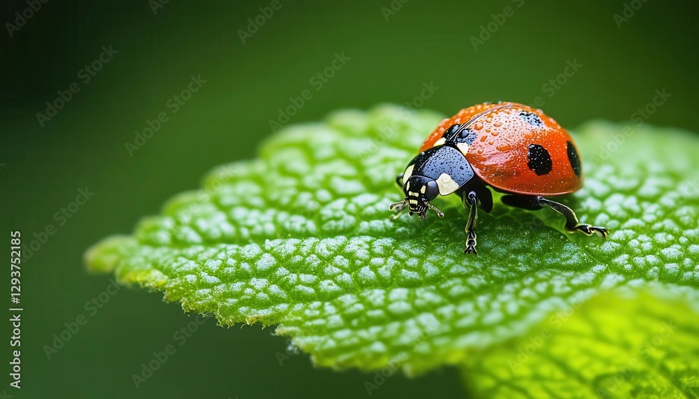 Fototapeta premium Macro photography of a ladybug on a green leaf, capturing the fine details of its shell, Macro photography, Bright and sharp