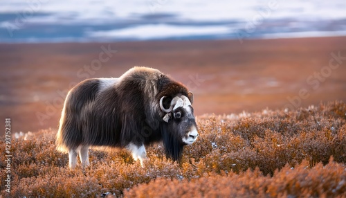 Majestic Muskox Ovibos moschatus Roaming in the Arctic Tundra of Deadhorse, Alaska, USA A Magical Moment Frozen in Time Amidst a Backdrop of Icy Majesty. photo