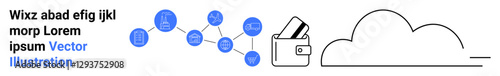 Digital wallet with credit cards, cloud for storage, network communication links with icons of various appsservices. Ideal for technology, finance, security, digital transactions, app integration