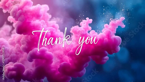 Thank you inscription with pink and blue powder explosion. Banner, splash screen