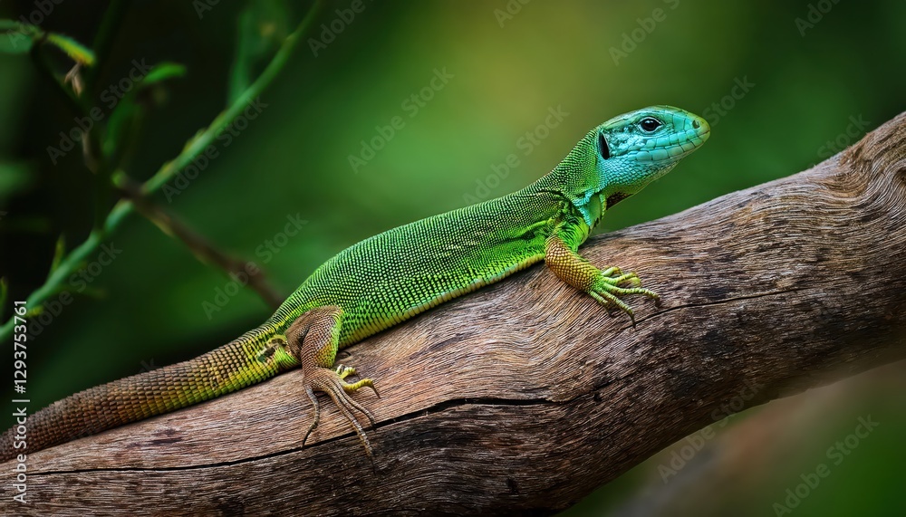 Virile Wall Lizard Lacerta agilis adorned in Regal Colors perched on Tree Trunk Majestic and Vibrant Exhibiting a Sense of Elegance and Majesty amidst Forests Serene Ambiance Virile Wall Lizard Lacerta agilis adorned in Regal Colors perched on Tree Trunk Majestic and Vibrant Exhibiting a Sense of Elegance and Majesty amidst Forests Serene Ambiance