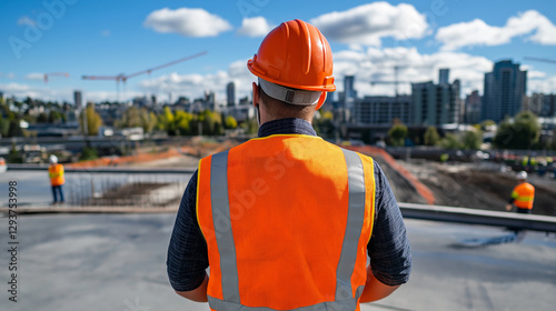 A high-visibility orange vest and helmet positioned on concrete slabs, overlooking a dynamic construction site where workers are laying foundations. photo