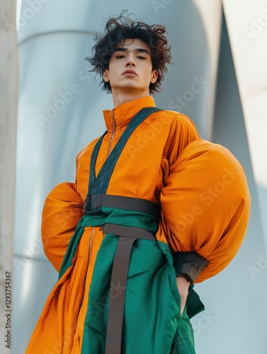 Bold Fashion Statement: A model showcases a vibrant orange and green oversized jacket with unique balloon sleeves, perfect for editorial use.
