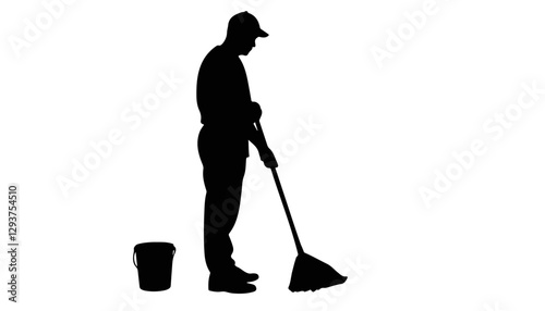 Silhouette of a man sweeping the floor