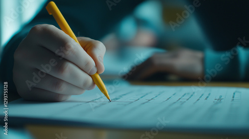 A focused shot of a survey form with multiple-choice answers, a yellow checkmark highlighted as a hand actively fills out responses.