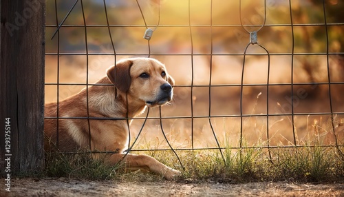 Neglected dog confined behind a rusted fence A poignant portrayal of loneliness and resilience in an overcast winter landscape, capturing the essence of melancholy and hope. photo