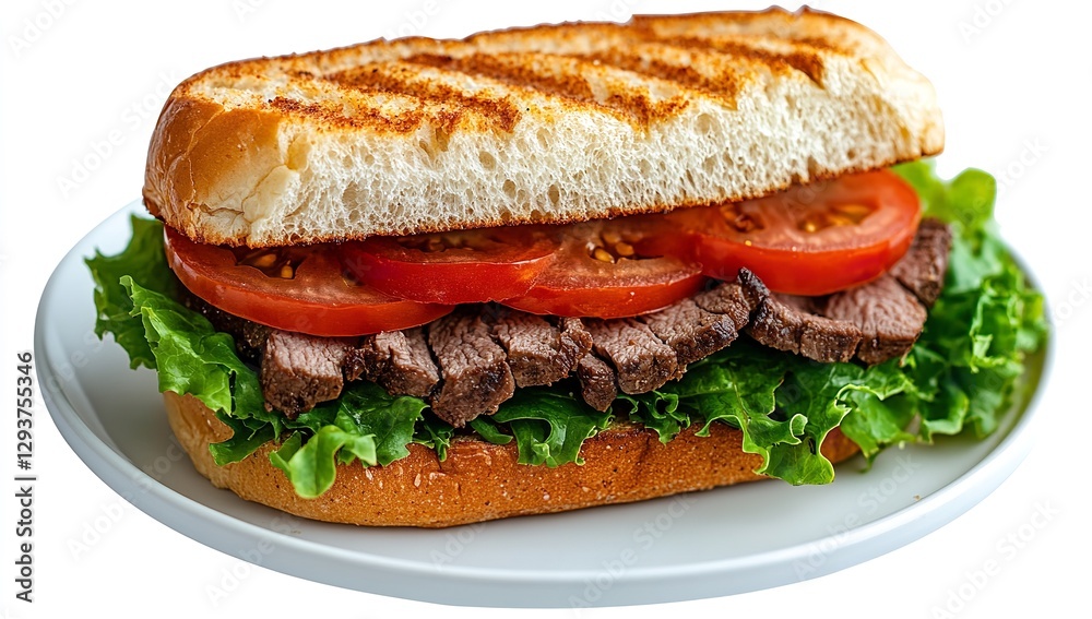 Beef Sandwich with Lettuce and Tomato on a White Plate, Isolated on Transparent Background Beef Sandwich with Lettuce and Tomato on a White Plate, Isolated on Transparent Background