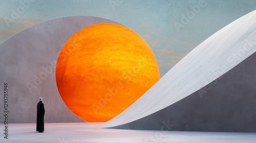 Person in Black Robe Contemplating Glowing Orange Sphere Amidst Abstract Geometric Forms