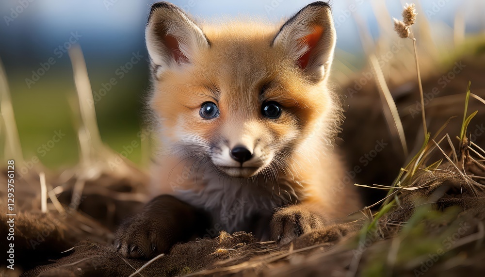 Fototapeta premium Newborn Fox Basking in the Dappled Light of a Forest Clearing, Capturing Innocence and Wonder, with Soft Fur Glowing against Rich Autumn Hues.