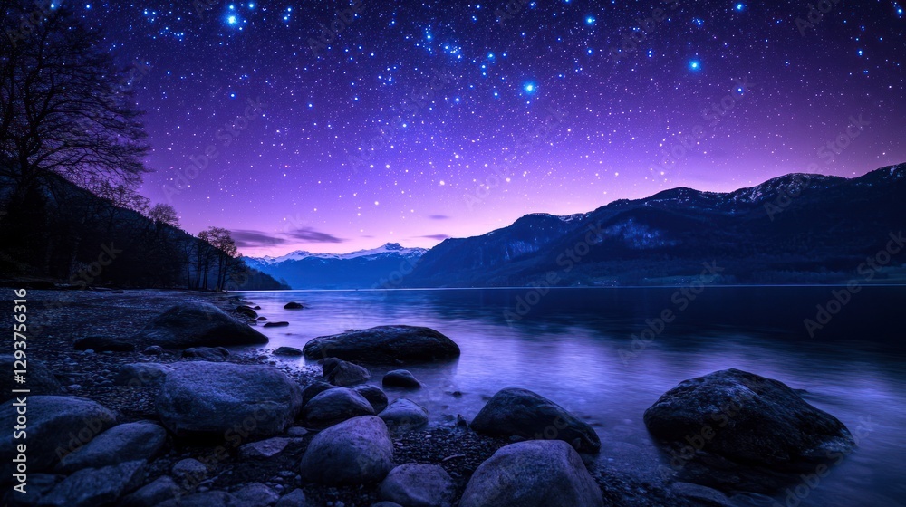 Fototapeta premium Starry Night Lake Shore Landscape