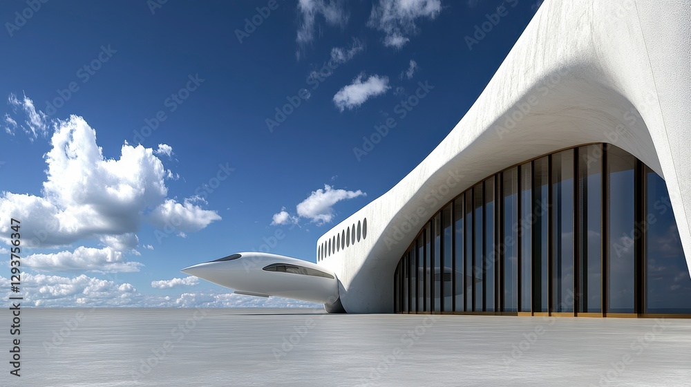 Fototapeta premium Private Jet at Modern White Airport Terminal Under Blue Sky