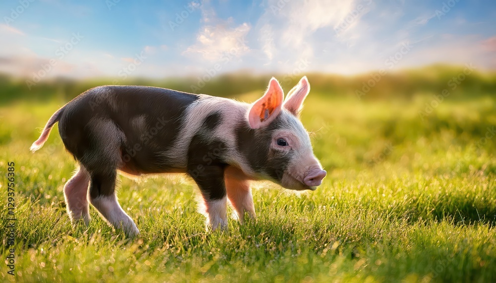 Newborn Piglet Frolicking on Spring Green Grass Adorable Baby Swine Basks in the Lush Meadows Gentle Light, Illustrating Joy and Renewal. Newborn Piglet Frolicking on Spring Green Grass Adorable Baby Swine Basks in the Lush Meadows Gentle Light, Illustrating Joy and Renewal.