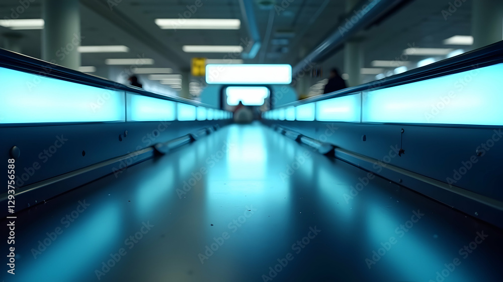 Obraz premium Serene blue glow illuminates the airport's moving walkway, carrying travelers towards their destinations.