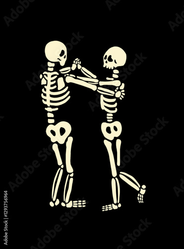 Human skeleton poses in a dancing. Human skeleton posing. Spooky illustration for halloween. Black background. Flat style design vector illustration for prints on t-shirts and more.