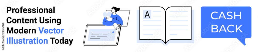Man working on laptop, open book with letter A, cashback speech bubble. Ideal for e-learning, online education, content marketing, digital tools, advertising, cashback programs flat landing page Man working on laptop, open book with letter A, cashback speech bubble. Ideal for e-learning, online education, content marketing, digital tools, advertising, cashback programs flat landing page