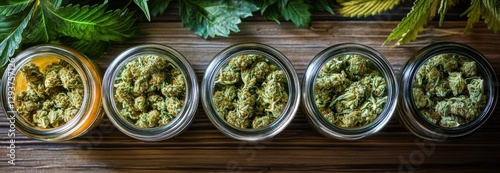 Various cannabis strains displayed in jars on wooden surface photo